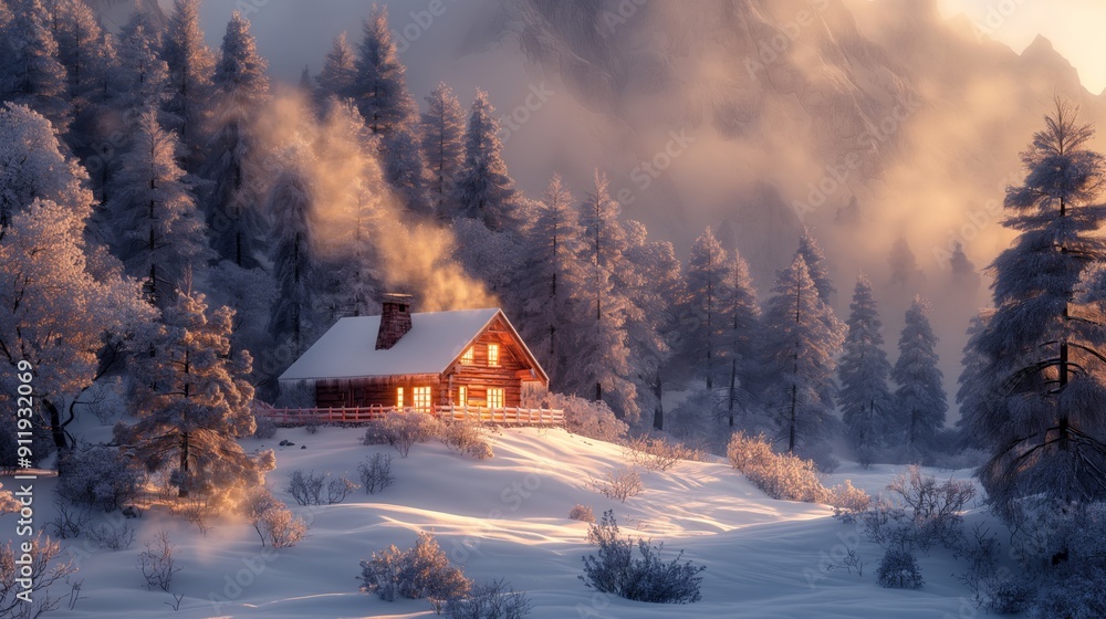A tranquil winter cabin nestled in a snowy forest landscape, with glowing windows creating a serene and peaceful retreat from the cold and wilderness A tranquil winter cabin nestled in a snowy forest landscape, with glowing windows creating a serene and peaceful retreat from the cold and wilderness