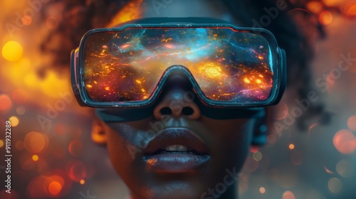 A person wearing AI virtual reality goggles explores a cosmic universe, showcasing the immersive experience of futuristic VR technology and digital exploration of the cosmos