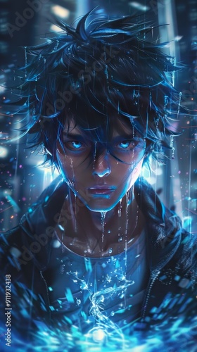 Wallpaper Mural A young man with blue eyes stares intently, surrounded by swirling blue light. Torontodigital.ca