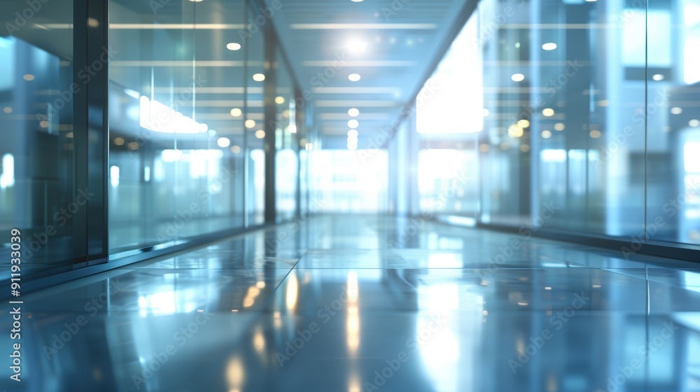 Bright Empty Glass Corridor in Office Building Bright Empty Glass Corridor in Office Building