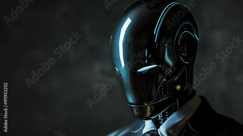 Close-up of a futuristic robot wearing a suit.