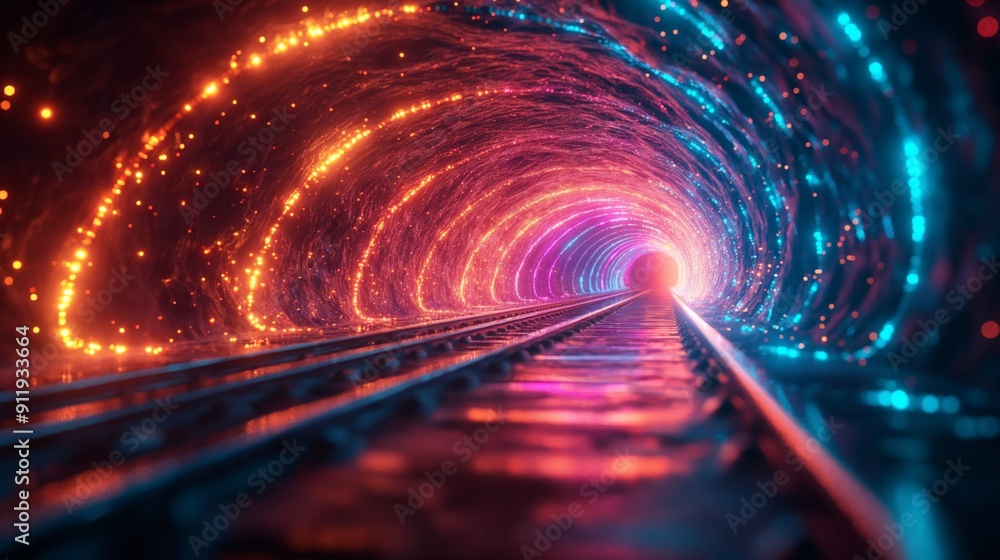 A futuristic neon-lit AI tunnel with glowing lights and railway tracks in space, creating an intriguing and vibrant journey into the distance, blending technology and imagination A futuristic neon-lit AI tunnel with glowing lights and railway tracks in space, creating an intriguing and vibrant journey into the distance, blending technology and imagination