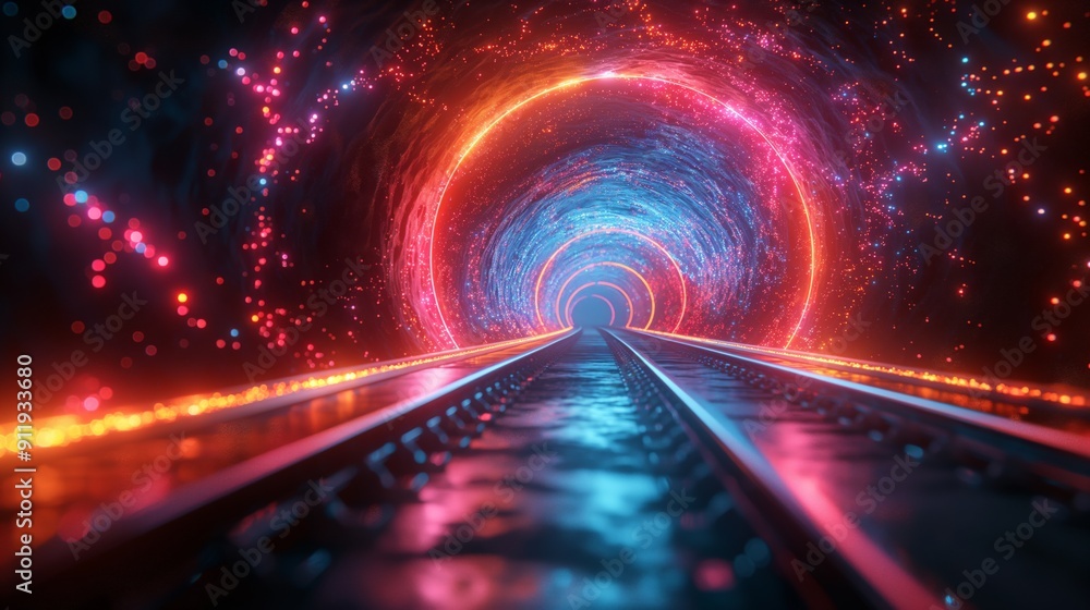 Obraz premium A futuristic neon-lit AI tunnel with glowing lights and railway tracks in space, creating an intriguing and vibrant journey into the distance, blending technology and imagination