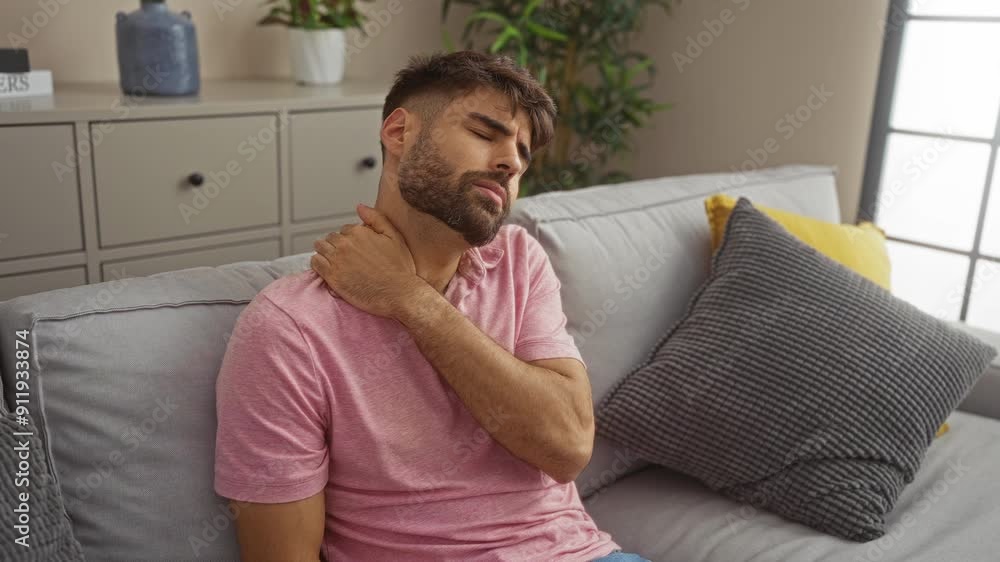 Young man with beard in pink shirt holding his neck in pain while sitting on a sofa in a modern living room of an apartment with plants and grey decor Young man with beard in pink shirt holding his neck in pain while sitting on a sofa in a modern living room of an apartment with plants and grey decor