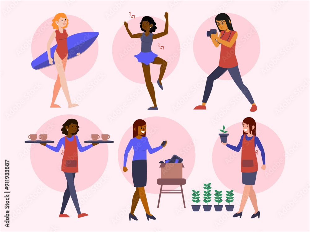 Set of Yourng Women in Different Situations. Flat Style Vector Illustration. set of women in position Set of Yourng Women in Different Situations. Flat Style Vector Illustration. set of women in position