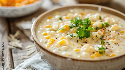 Corn soup with paprika and parsley on a dark background photo