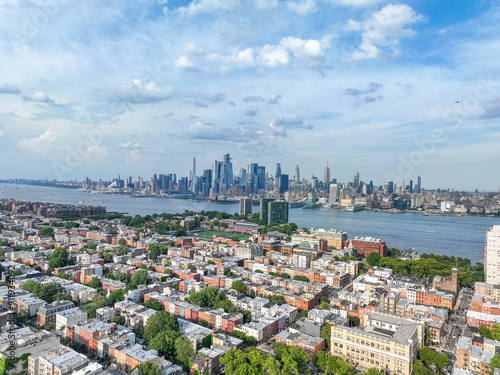 Aerial View of Hoboken downtown and Manhattan Skyline on the background.