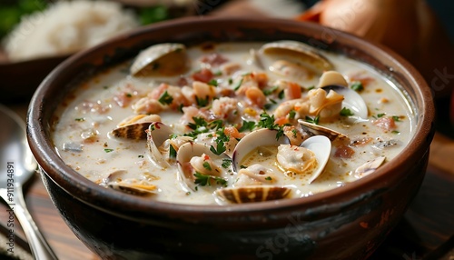 Creamy soup with clams and parsley in white bowl