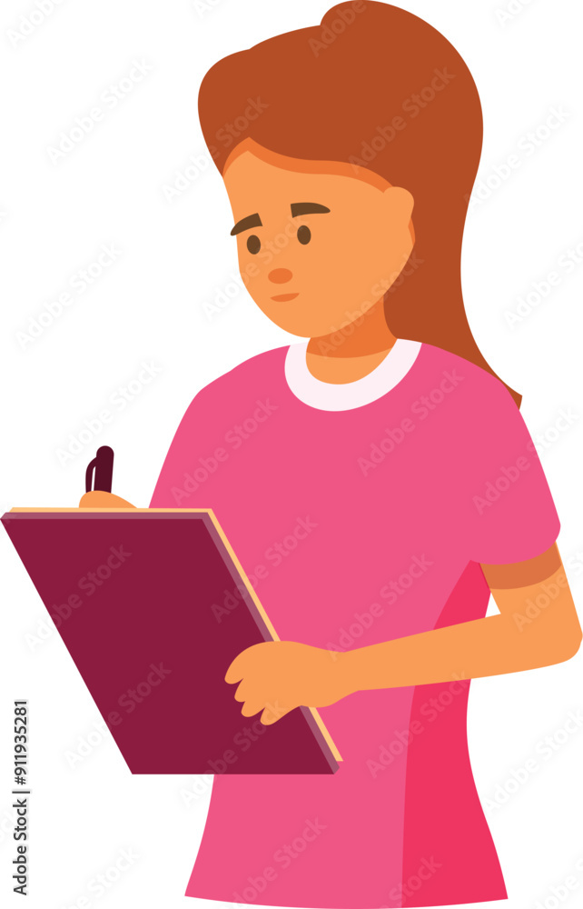 Young woman is carefully writing notes on her clipboard, focused on her task Young woman is carefully writing notes on her clipboard, focused on her task