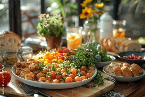 Wallpaper Mural Vegetarian snack table setting with vegetable dish and drinks in kitchen for healthy diet Torontodigital.ca