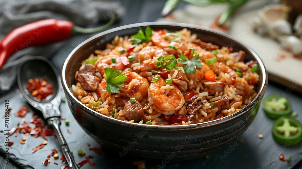 Fototapeta premium Spicy paella with shrimps, tomatoes and parsley