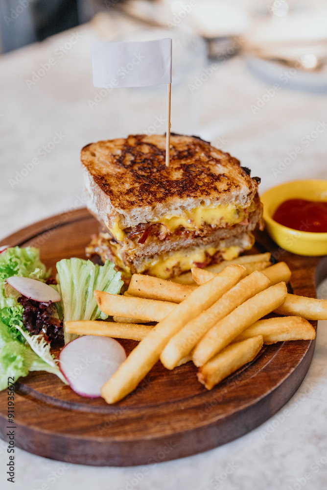 Cheese and Beef Sandwich with Fries and Salad Cheese and Beef Sandwich with Fries and Salad