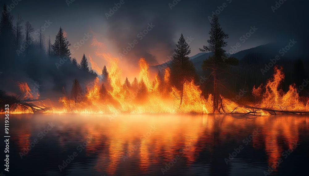Dramatic Wildfire Reflection on Calm Water Dramatic Wildfire Reflection on Calm Water