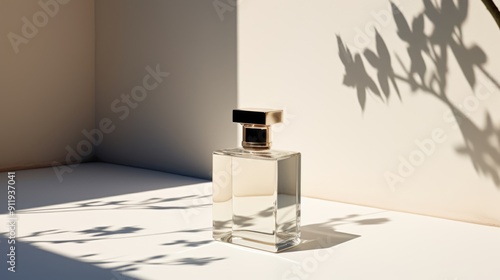 Wallpaper Mural Transparent white glass perfume bottle mockup on pedestal with minimalist background. Eau de toilette. Mockup, spring flat lay. Torontodigital.ca