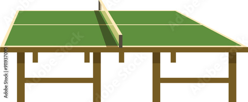 Green ping pong table with net standing on white background, concept of indoor game