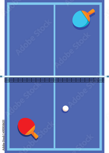 Blue ping pong table tennis court is displaying paddles and ball lying on top