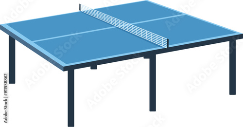 Blue ping pong table with a net is standing on a white background, ready for a game