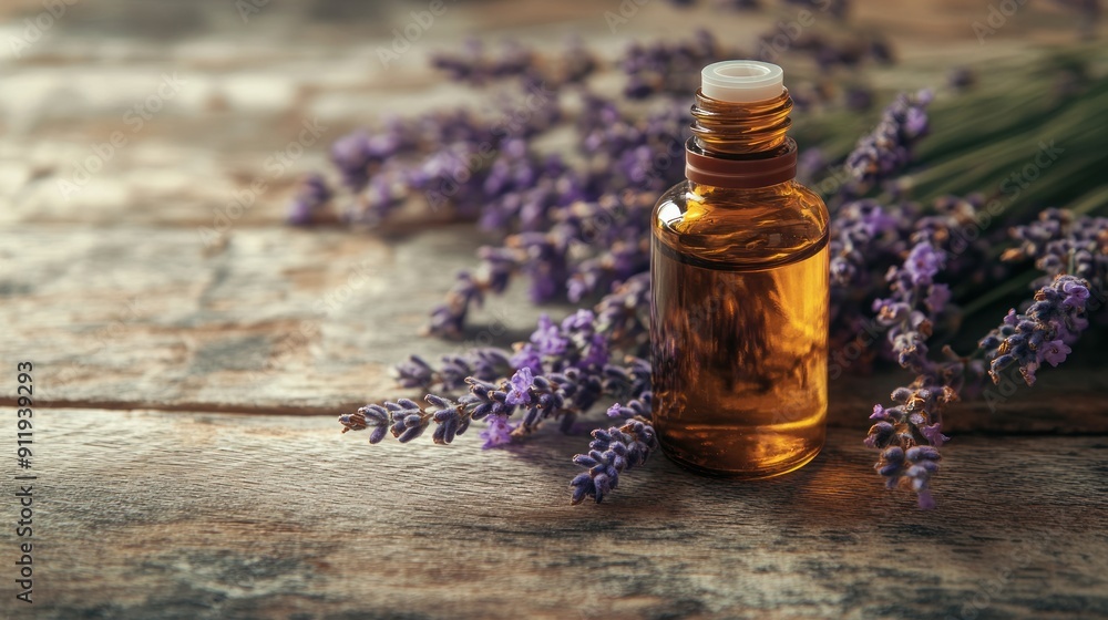 Lavender Oil Bottle and Blossoms on Rustic Wood Lavender Oil Bottle and Blossoms on Rustic Wood