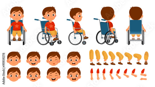Boy on wheelchair constructor. Happy child with disability. Pack of legs, hands and faces for creating animation and cartoons. Flat vector collection