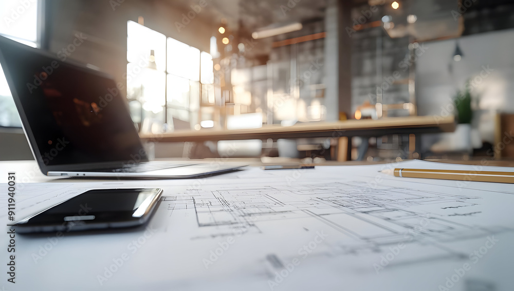 A modern workspace featuring blueprints, a laptop, and a smartphone, ideal for architectural and design-related themes. A modern workspace featuring blueprints, a laptop, and a smartphone, ideal for architectural and design-related themes.