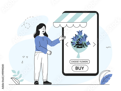 Woman buy flowers online. Young girl buys bouquet on Internet. Ecommerce and cashless payment. Aesthetics and elegance, beauty. Linear vector illustration