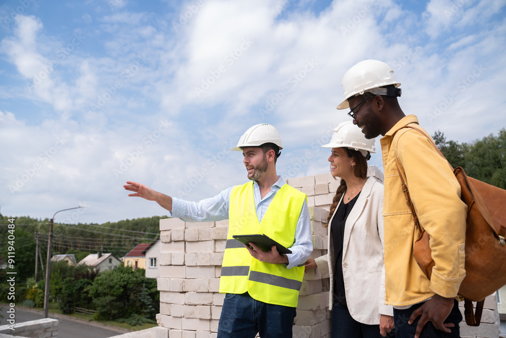 Architect Showing Construction Progress To Investors On Site Architect Showing Construction Progress To Investors On Site