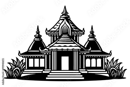 Village Temple Silhouette Vector Illustration - Line Art Outline Vector