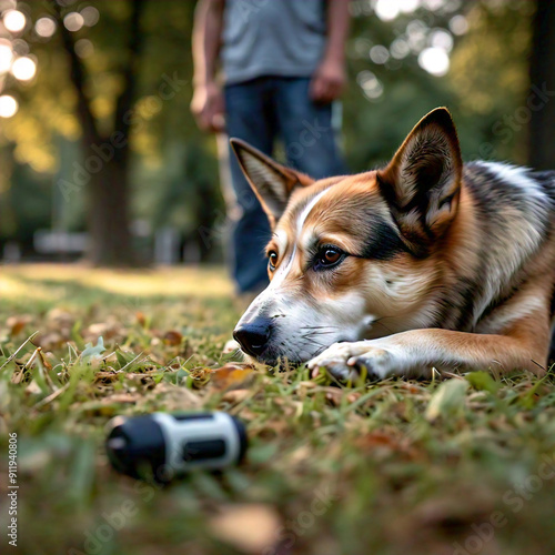 A close-up shot of a dog focused intently on its owner, with a training clicker in the foreground, in a quiet park, during the morning, shot with a Sony A7S III, 50mm f/1.4 lens, high contrast photo