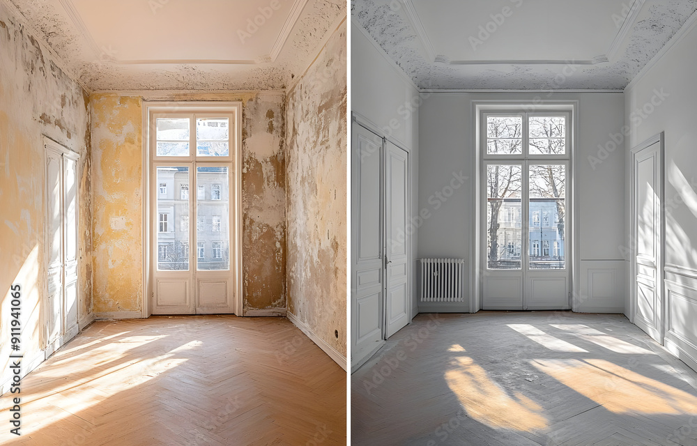 Obraz premium Contrast between a dilapidated room and a renovated space, showcasing transformation and natural light effects.