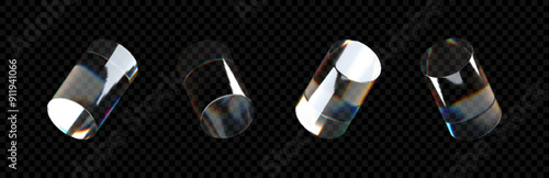 3D crystal glass cylinders with refractive and holographic effects, isolated on a transparent background. Rendered transparent glass rotating cylinders with light dispersion overlay.