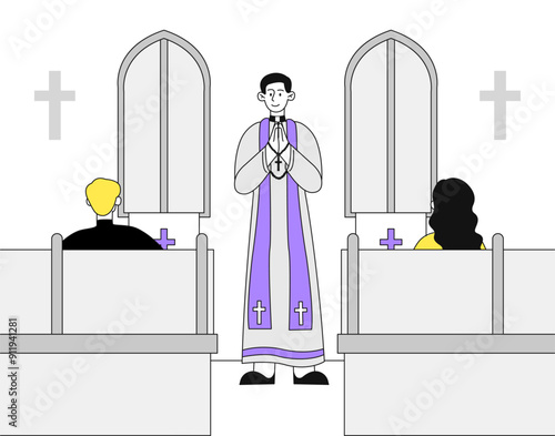 Catholic church priest. Man in ceremonial robes reads sermon to parishioners. Religion and faith, belief. Spiritual ritual and ceremony. Linear vector illustration