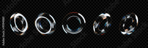 3D crystal glass torus with refractive and holographic effects, isolated on a transparent background. Rendered transparent glass rotating torus with light dispersion overlay.