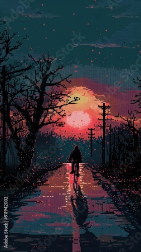 Wallpaper Mural Pixelated silhouette of a cyclist riding on a road under a colorful sunset. Torontodigital.ca