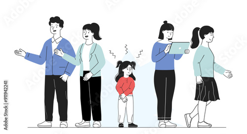 Lost little girl. Frightened child stands in crowd of unfamiliar women and men. Fear and horror, negative feelings and emotions. Linear vector illustration