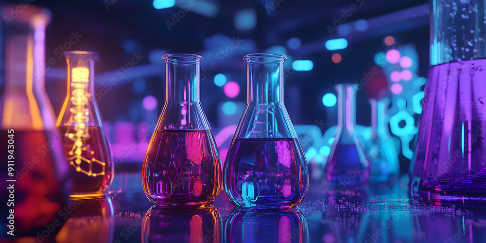 Close-up of Beakers and Test Tubes Filled with Colorful Liquids Close-up of Beakers and Test Tubes Filled with Colorful Liquids