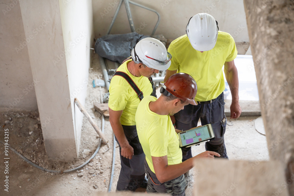 Construction Workers Using Tablet On Construction Site Construction Workers Using Tablet On Construction Site