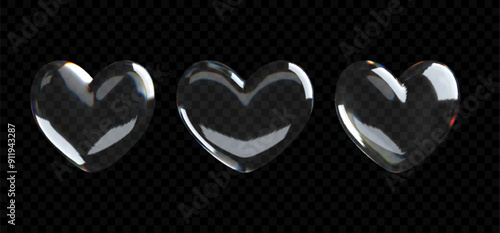 3D crystal glass heart with refractive and holographic effects, isolated on a transparent background. Romantic glossy soapy heart. Valentine day symbol.