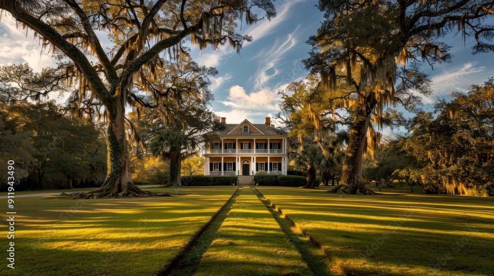 Obraz premium A stately Southern mansion framed by majestic trees with hanging moss.
