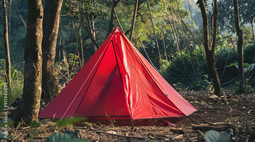 Bright Red Triangle-Shaped Hiking Tent: A Durable and Compact Shelter for Outdoor Adventures. Bright Red Triangle-Shaped Hiking Tent: A Durable and Compact Shelter for Outdoor Adventures.