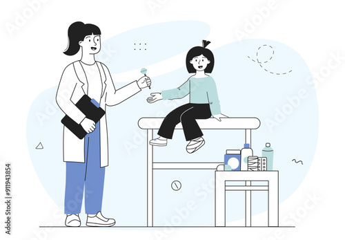 Pediatrician with girl. Woman in medical uniform diagnoses little girl. Treatment, medicine and health care. Hospital occupation. Linear vector illustration
