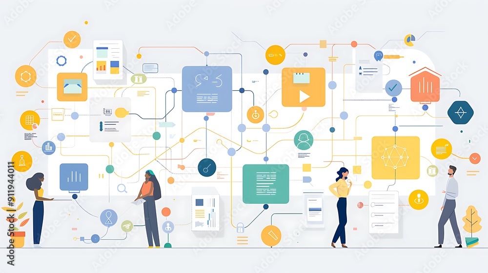 Modern Business Workflow Visualization with Connected Icons and People Modern Business Workflow Visualization with Connected Icons and People