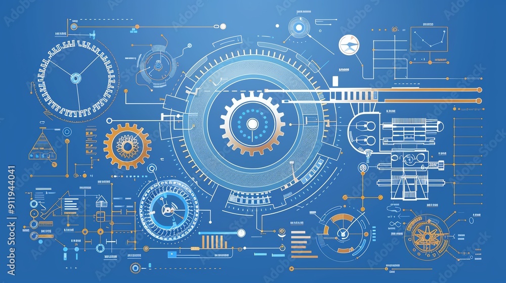 Engineering blueprint, complex machine part, focus on precision, flat design illustration Engineering blueprint, complex machine part, focus on precision, flat design illustration