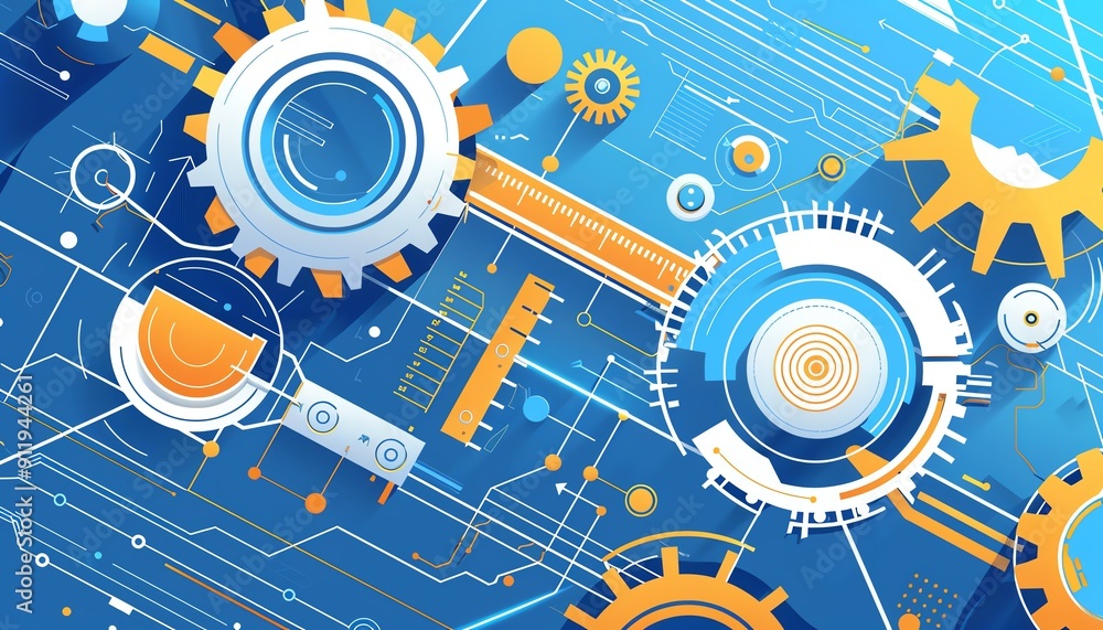 Obraz premium Precision engineering blueprint, complex machine part, flat design illustration
