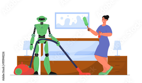 Woman cleaning with robot. Young girl in uniform cleans room with bot. Modern technologies and innovations, artificial intelligence. Cleanliness and hygiene. Flat vector illustration