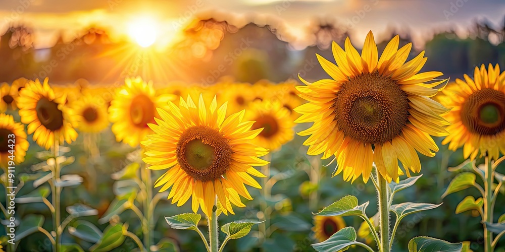 Obraz premium Sunflowers bathed in soft morning light turning towards the sun , sunflowers, morning, light, nature, petals, yellow, garden