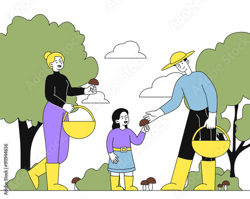 Family collect mushrooms. Father and mother with daughter harvest in forest. Man, woman and girl picking up mushrooms. Harvest and crop. Linear vector illustration