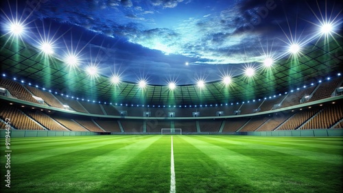 Soccer stadium with bright green grass and illuminated by spotlights, soccer, stadium, green grass, spotlights, nighttime