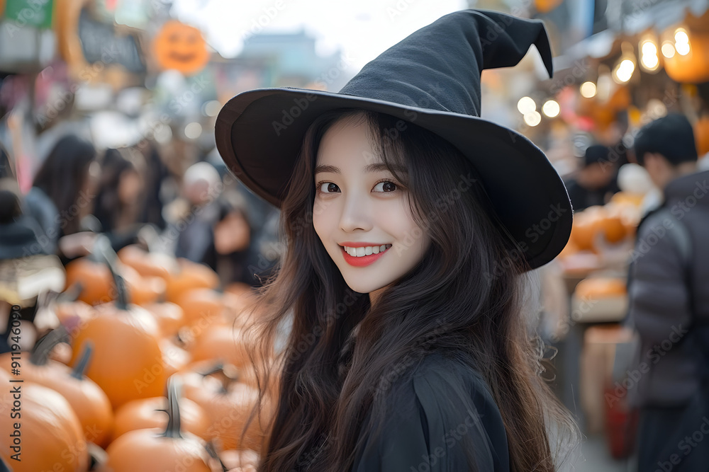 A cheerful witch smiling in a bustling market surrounded by pumpkins, perfect for Halloween-themed content. A cheerful witch smiling in a bustling market surrounded by pumpkins, perfect for Halloween-themed content.