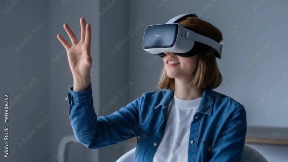 A person using a VR headset, immersed in a virtual world while sitting in a minimalist room