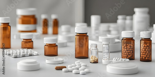 A collection of various medicine bottles and pills arranged on a clean surface, showcasing diverse pharmaceutical products. photo